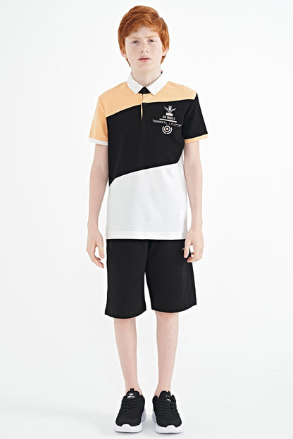 White Color Block Embroidered Detailed Standard Pattern Polo Collar Boys' T-Shirt - 11088