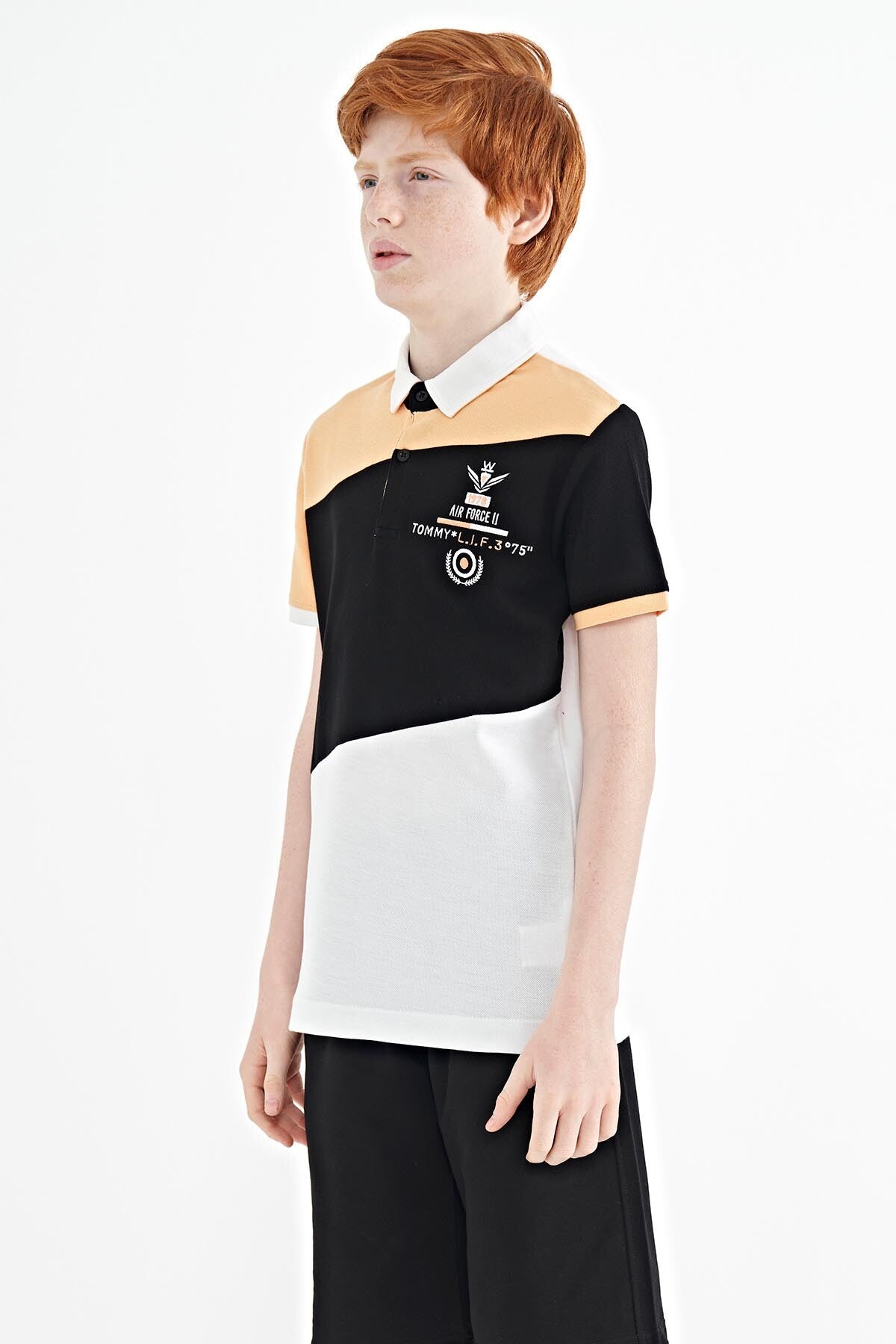 White Color Block Embroidered Detailed Standard Pattern Polo Collar Boys' T-Shirt - 11088