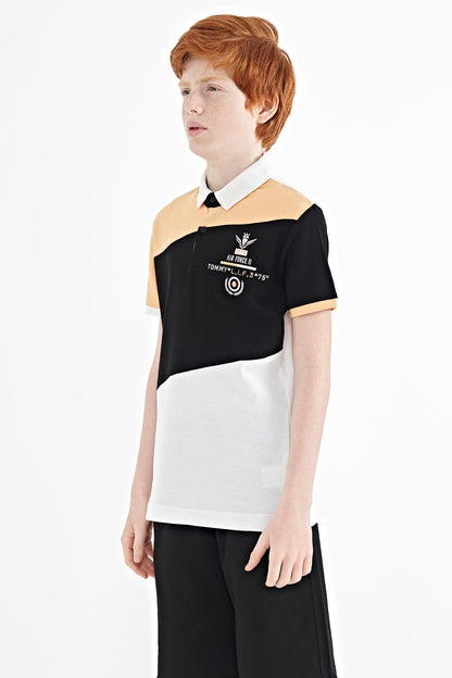 White Color Block Embroidered Detailed Standard Pattern Polo Collar Boys' T-Shirt - 11088