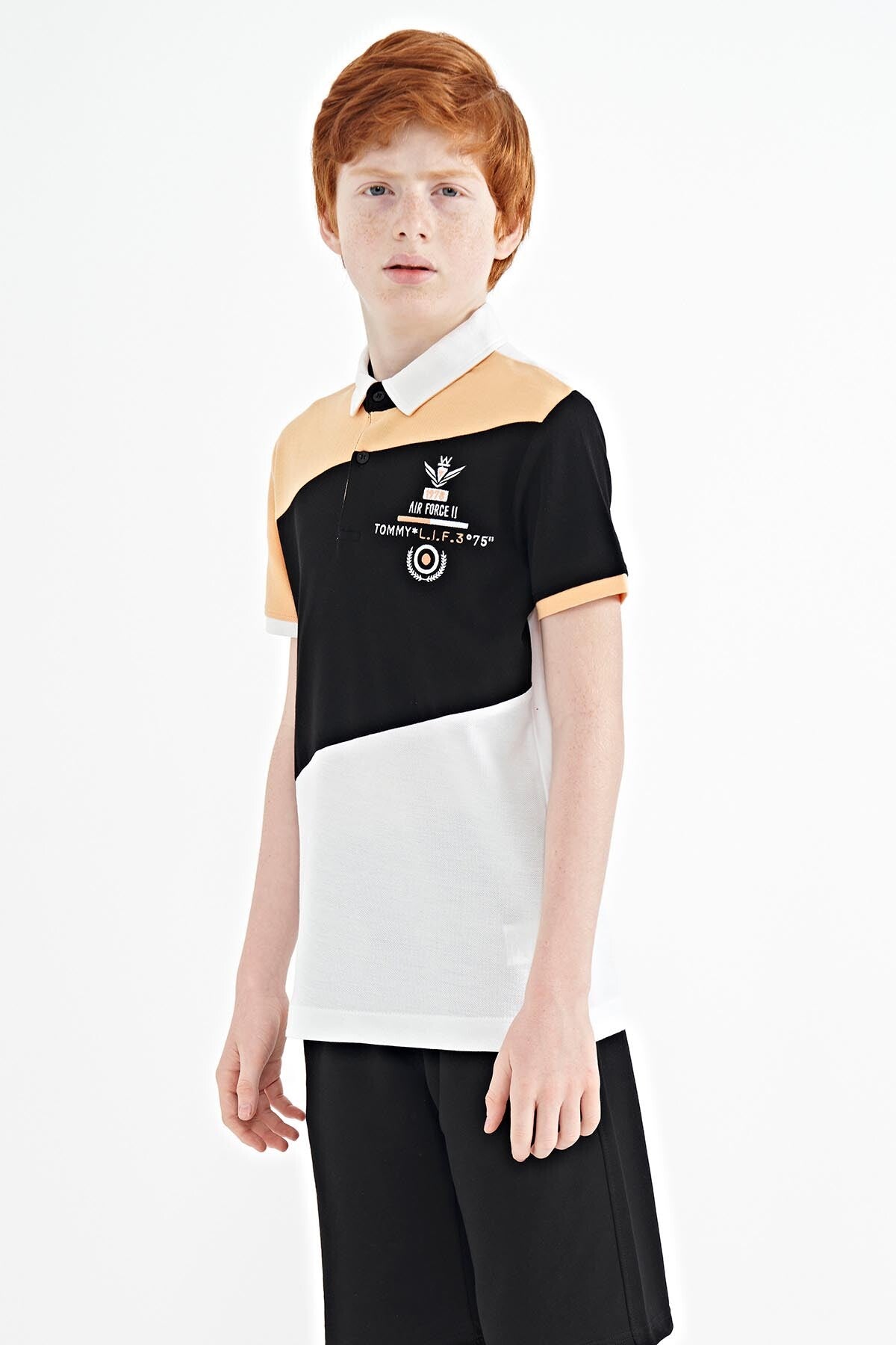 White Color Block Embroidered Detailed Standard Pattern Polo Collar Boys' T-Shirt - 11088