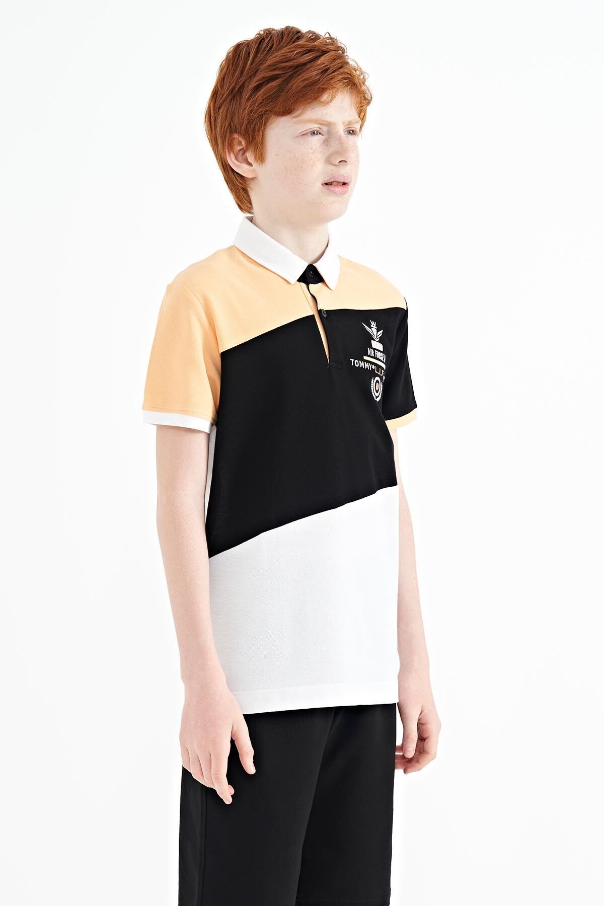 White Color Block Embroidered Detailed Standard Pattern Polo Collar Boys' T-Shirt - 11088