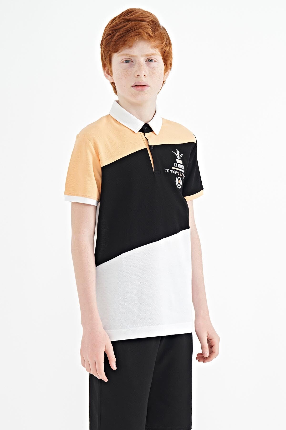 White Color Block Embroidered Detailed Standard Pattern Polo Collar Boys' T-Shirt - 11088