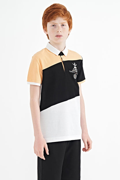 White Color Block Embroidered Detailed Standard Pattern Polo Collar Boys' T-Shirt - 11088