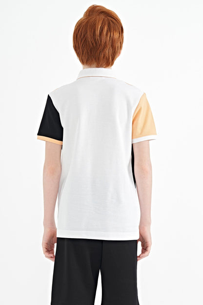 White Color Block Embroidered Detailed Standard Pattern Polo Collar Boys' T-Shirt - 11088