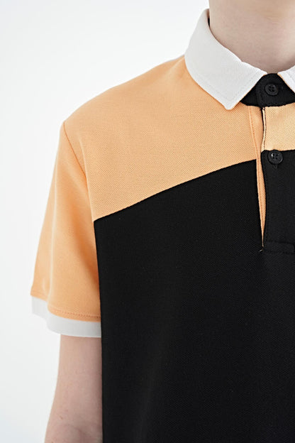 White Color Block Embroidered Detailed Standard Pattern Polo Collar Boys' T-Shirt - 11088