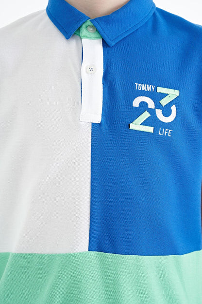 White Color Block Embroidered Detailed Standard Fit Polo Collar Boys T-Shirt - 11108