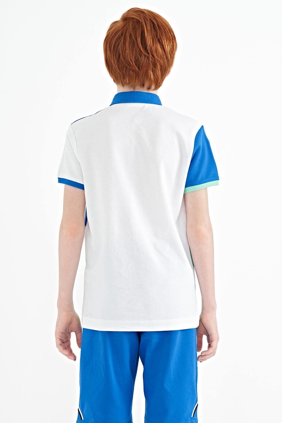 White Color Block Embroidered Detailed Standard Fit Polo Collar Boys T-Shirt - 11108