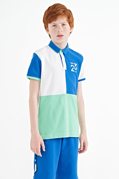 White Color Block Embroidered Detailed Standard Fit Polo Collar Boys T-Shirt - 11108