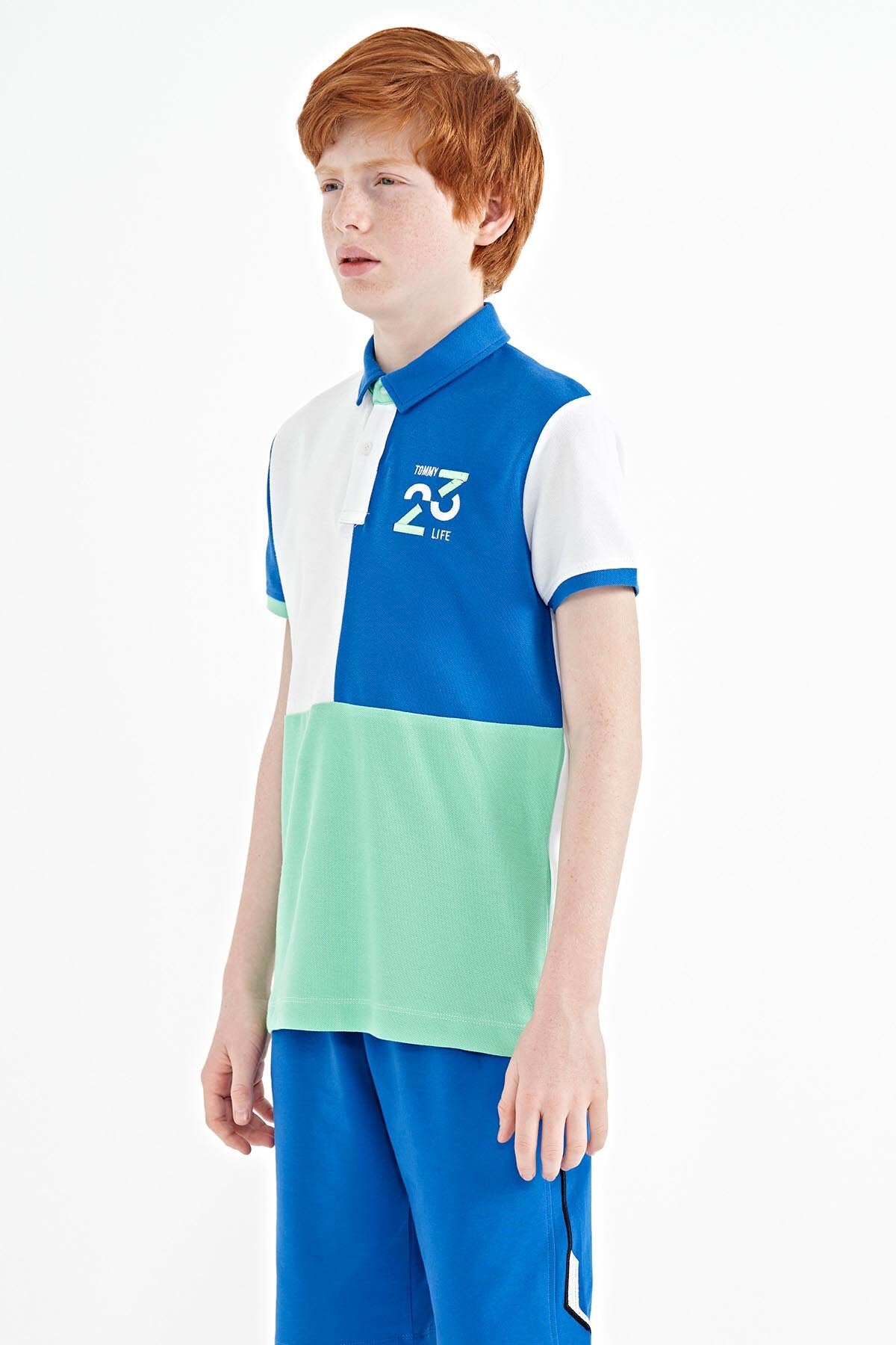 White Color Block Embroidered Detailed Standard Fit Polo Collar Boys T-Shirt - 11108
