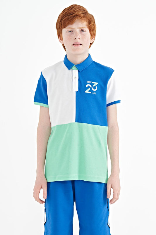 White Color Block Embroidered Detailed Standard Fit Polo Collar Boys T-Shirt - 11108