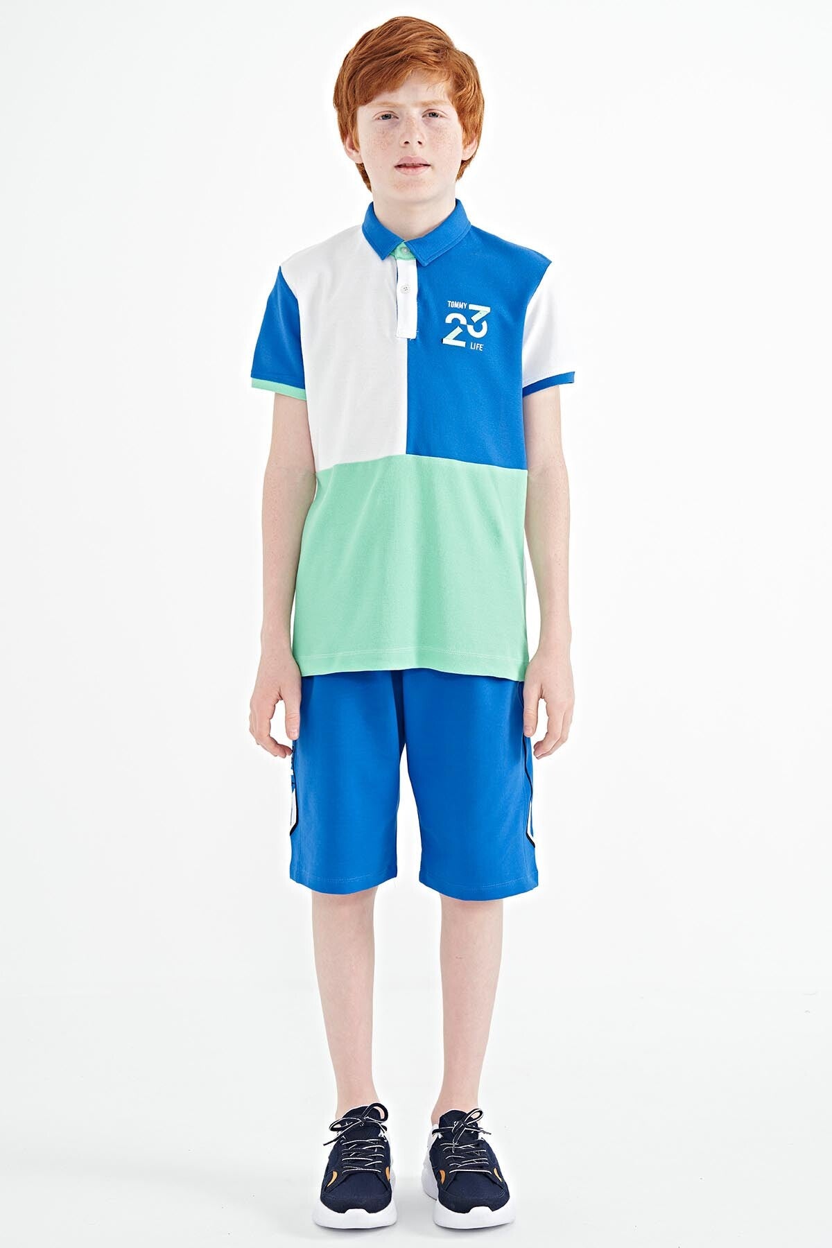 White Color Block Embroidered Detailed Standard Fit Polo Collar Boys T-Shirt - 11108
