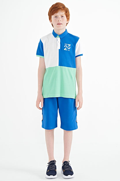 White Color Block Embroidered Detailed Standard Fit Polo Collar Boys T-Shirt - 11108