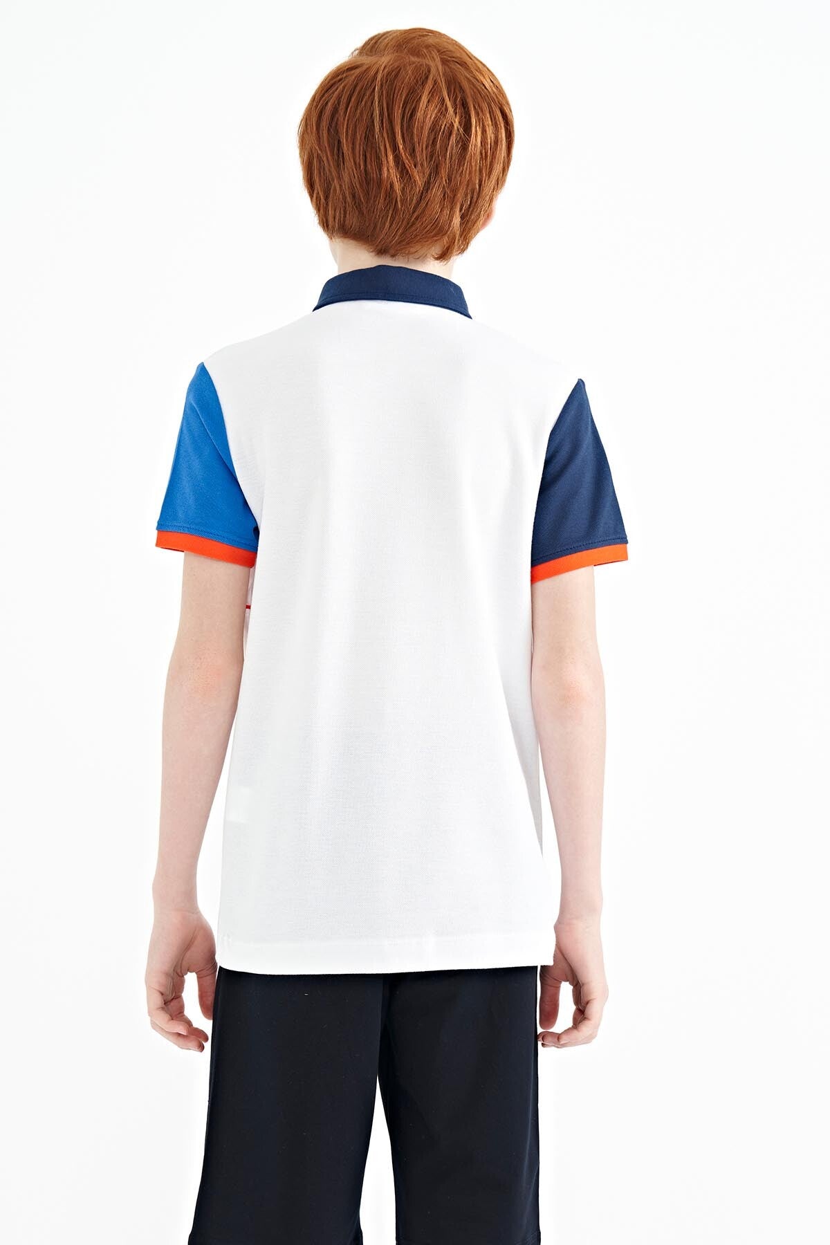 White Color Block Embroidered Letter Detailed Standard Pattern Polo Collar Boys T-Shirt - 11109