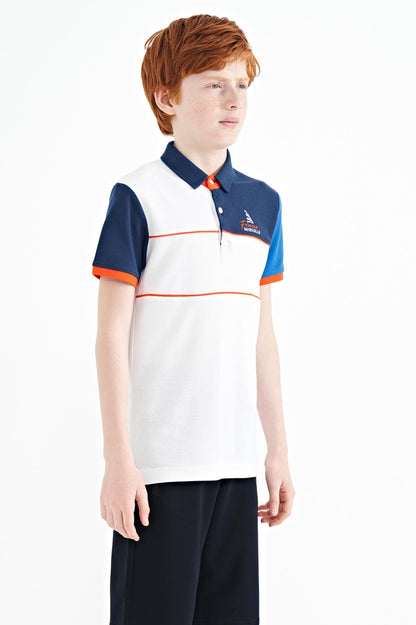 White Color Block Embroidered Letter Detailed Standard Pattern Polo Collar Boys T-Shirt - 11109