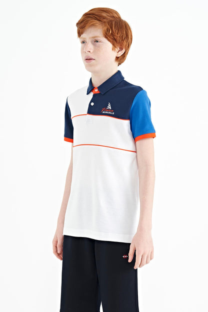 White Color Block Embroidered Letter Detailed Standard Pattern Polo Collar Boys T-Shirt - 11109