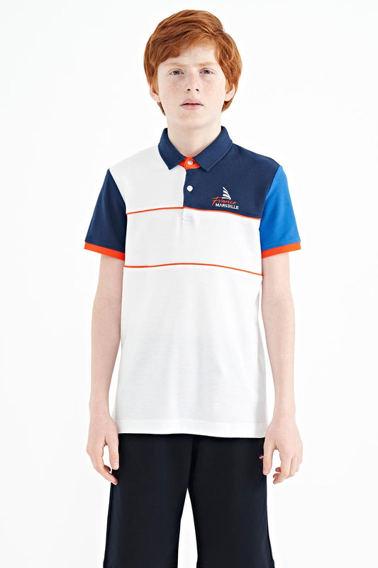 White Color Block Embroidered Letter Detailed Standard Pattern Polo Collar Boys T-Shirt - 11109