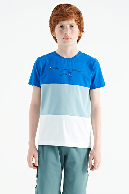 White Color Block Print O Collar Detailed Standard Cut Boys' T-Shirt - 11135