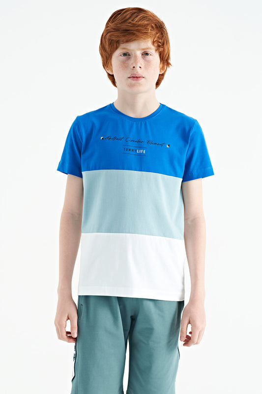 White Color Block Print O Collar Detailed Standard Cut Boys' T-Shirt - 11135