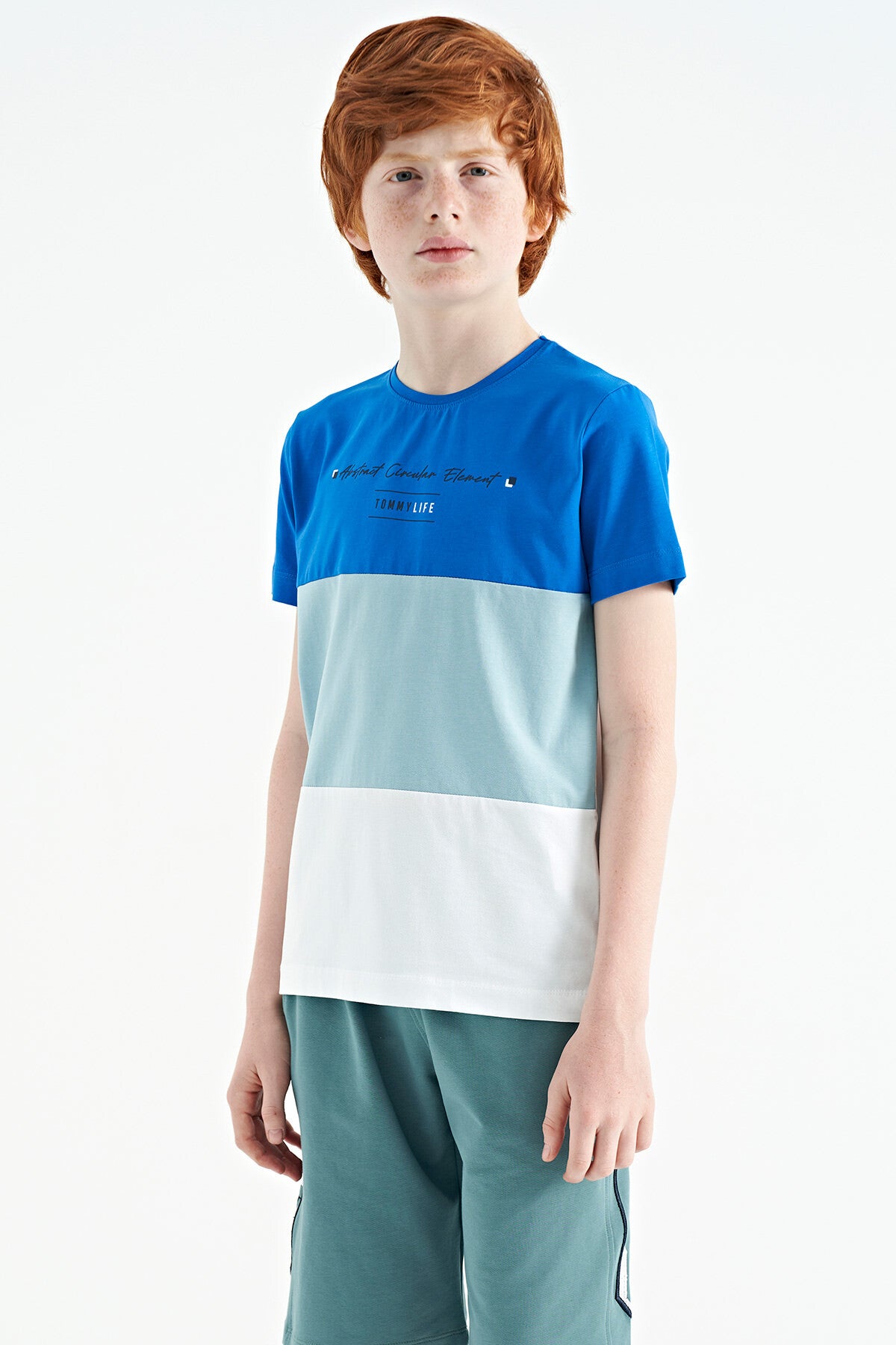 White Color Block Print O Collar Detailed Standard Cut Boys' T-Shirt - 11135