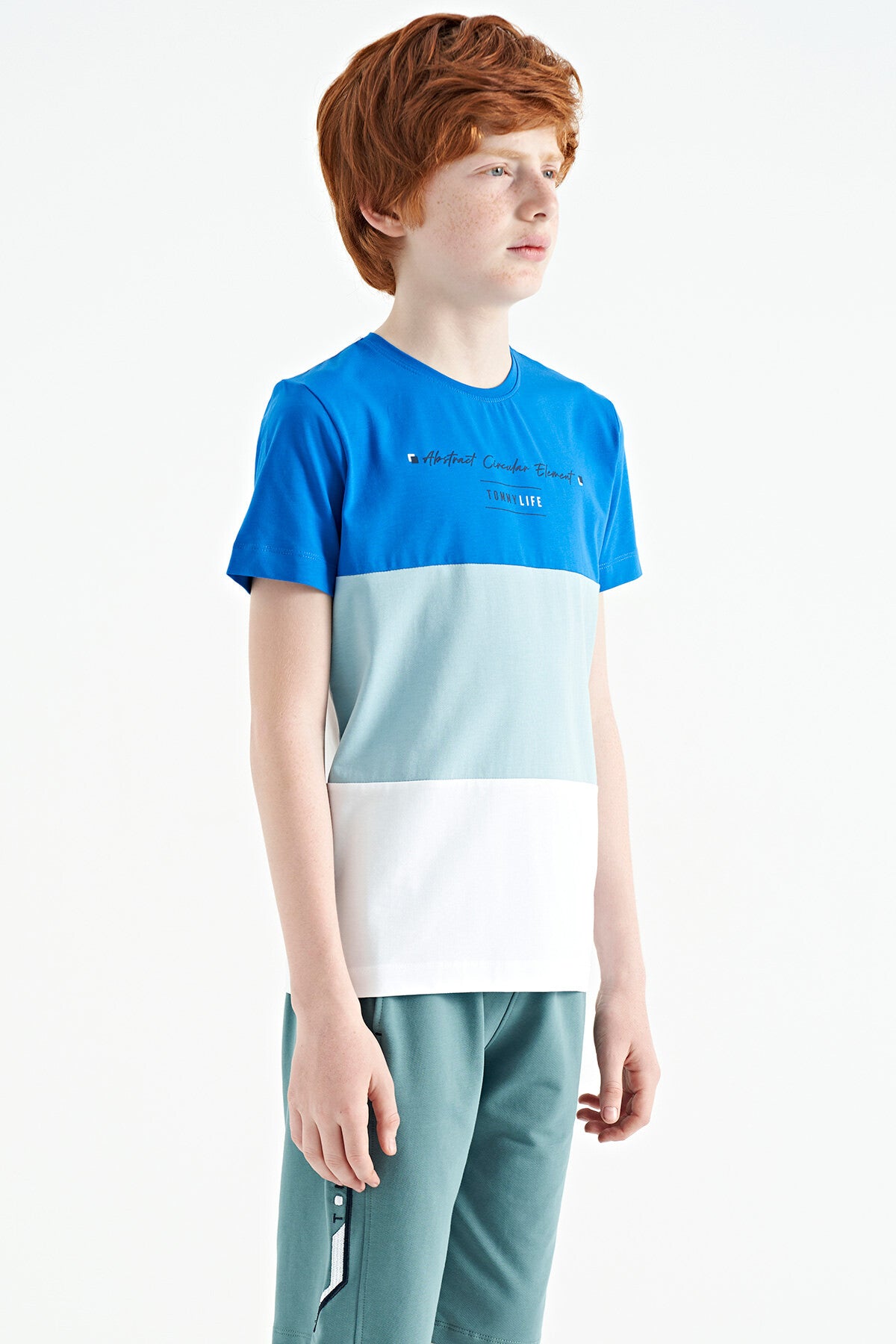 White Color Block Print O Collar Detailed Standard Cut Boys' T-Shirt - 11135
