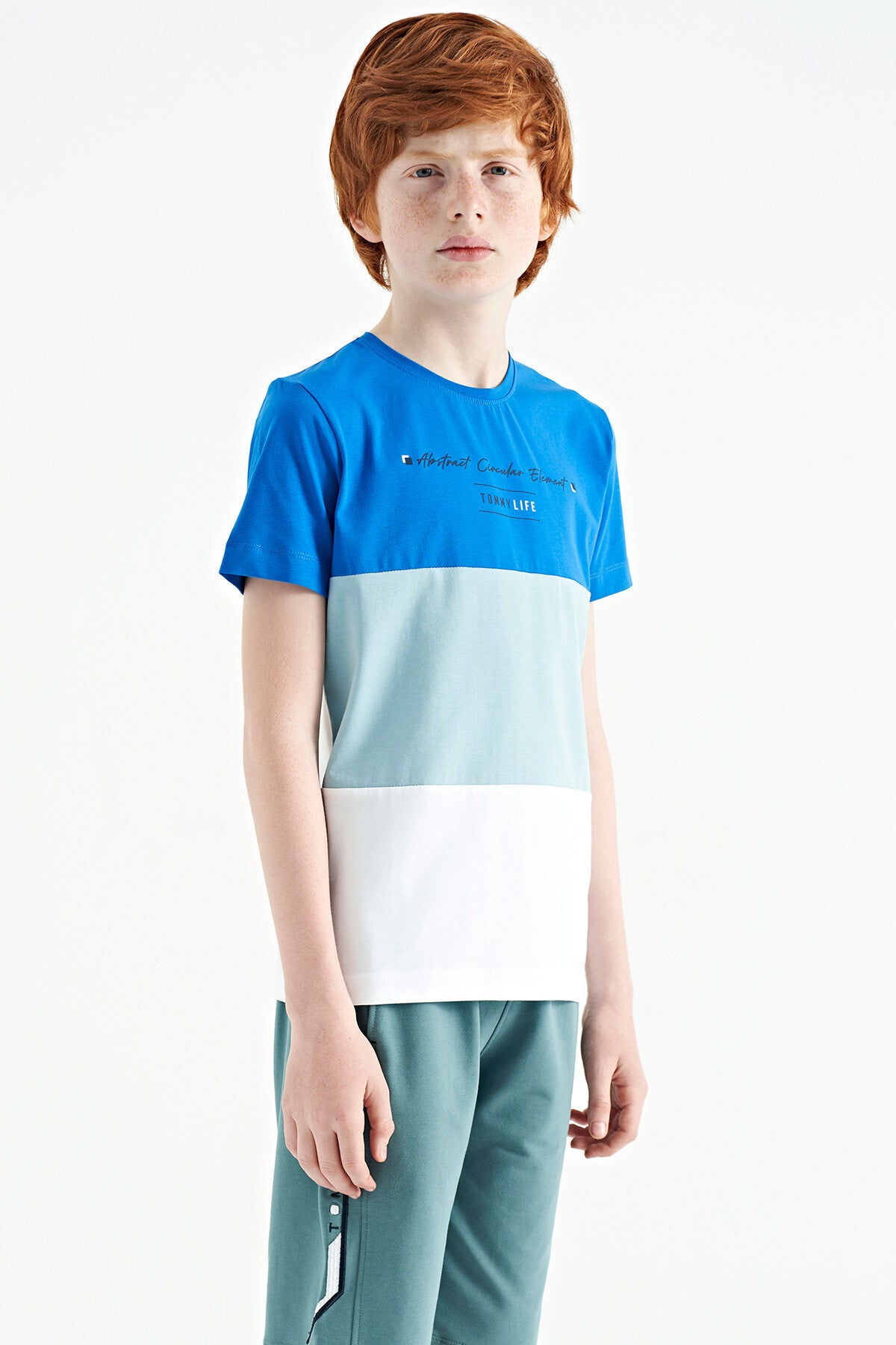 White Color Block Print O Collar Detailed Standard Cut Boys' T-Shirt - 11135