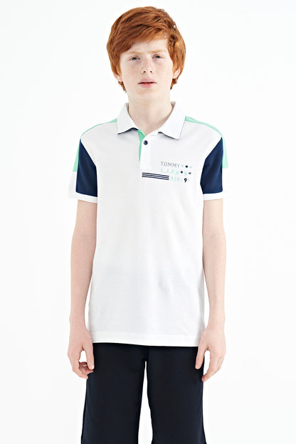 White Color Blocked Shoulder Trim Detailed Standard Fit Boys T-Shirt - 11155