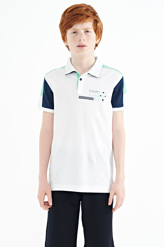 White Color Blocked Shoulder Trim Detailed Standard Fit Boys T-Shirt - 11155