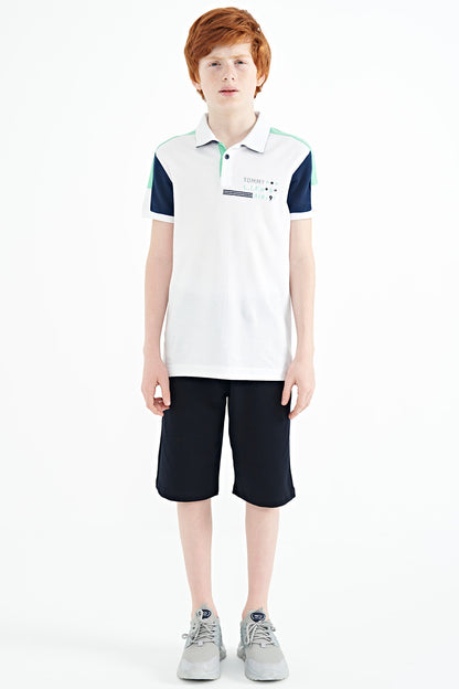 White Color Blocked Shoulder Trim Detailed Standard Fit Boys T-Shirt - 11155