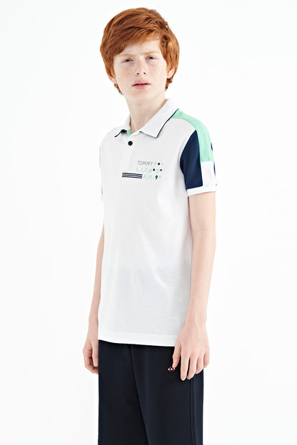 White Color Blocked Shoulder Trim Detailed Standard Fit Boys T-Shirt - 11155