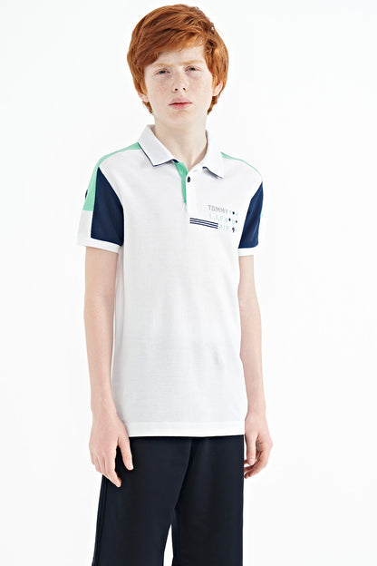 White Color Blocked Shoulder Trim Detailed Standard Fit Boys T-Shirt - 11155