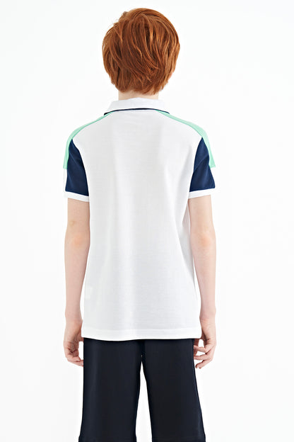 White Color Blocked Shoulder Trim Detailed Standard Fit Boys T-Shirt - 11155
