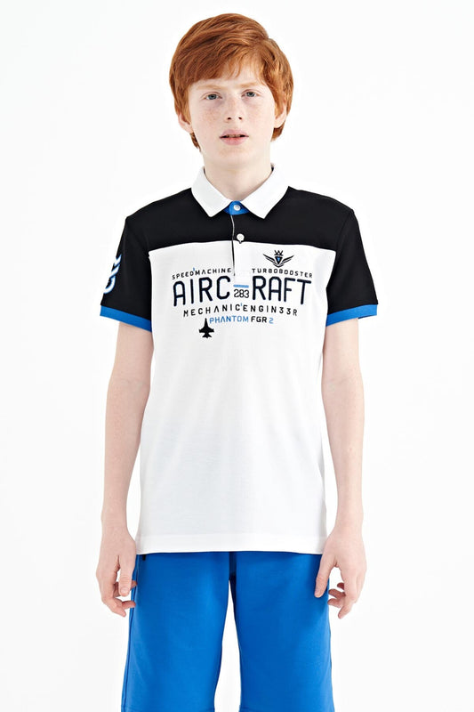 White Color Block Letter Embroidered Standard Fit Polo Collar Boys T-Shirt - 11087