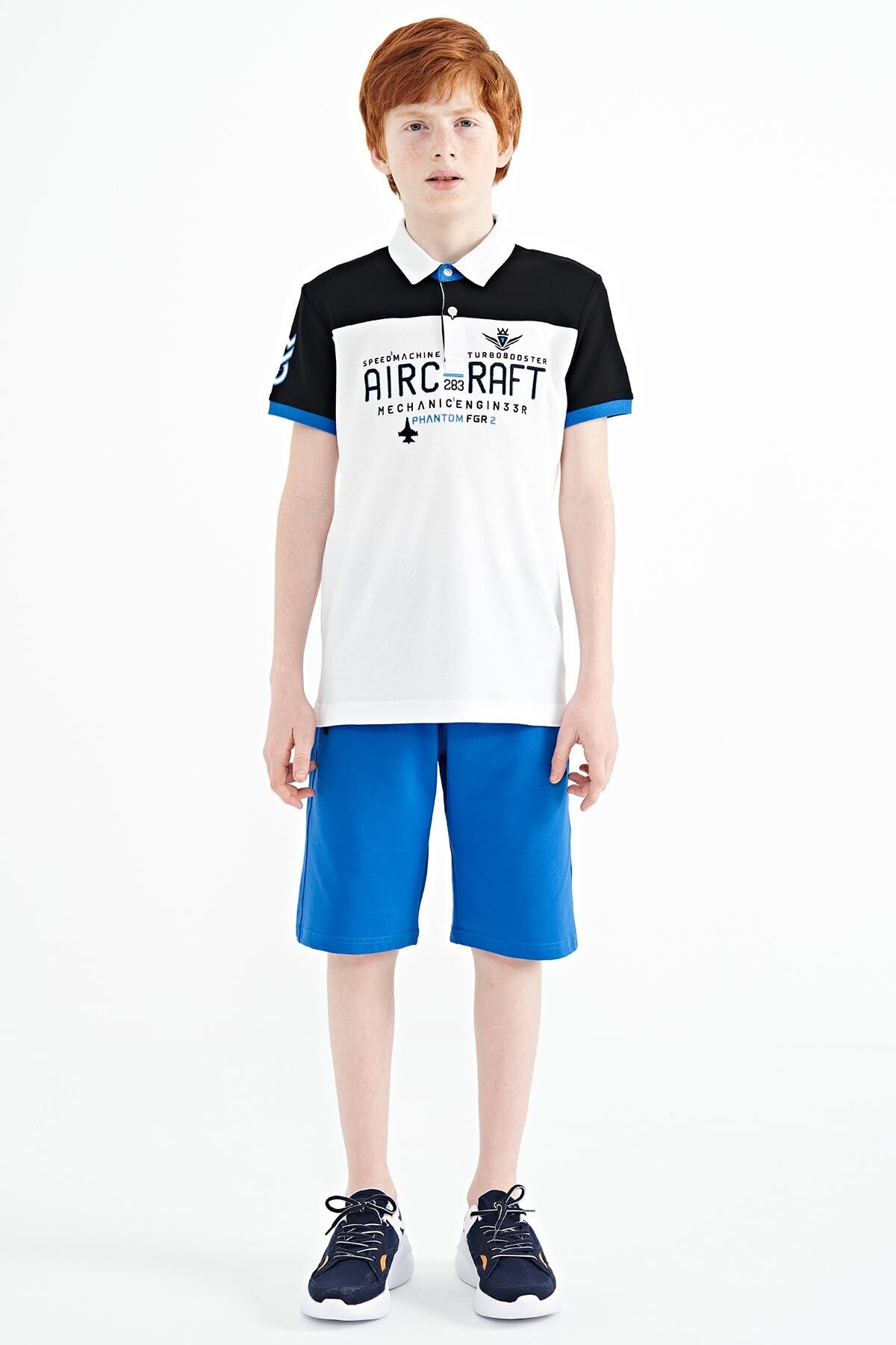 White Color Block Letter Embroidered Standard Fit Polo Collar Boys T-Shirt - 11087