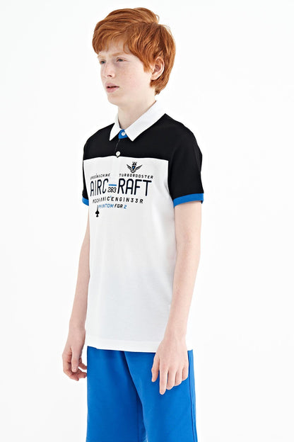White Color Block Letter Embroidered Standard Fit Polo Collar Boys T-Shirt - 11087