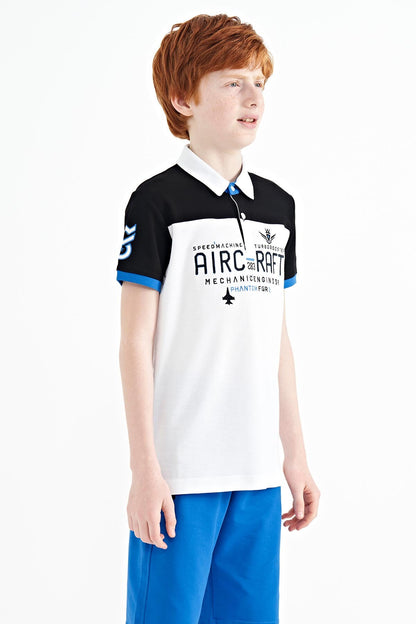 White Color Block Letter Embroidered Standard Fit Polo Collar Boys T-Shirt - 11087