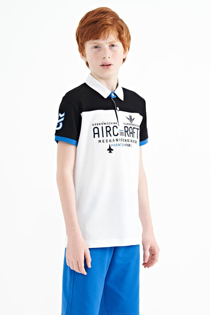 White Color Block Letter Embroidered Standard Fit Polo Collar Boys T-Shirt - 11087