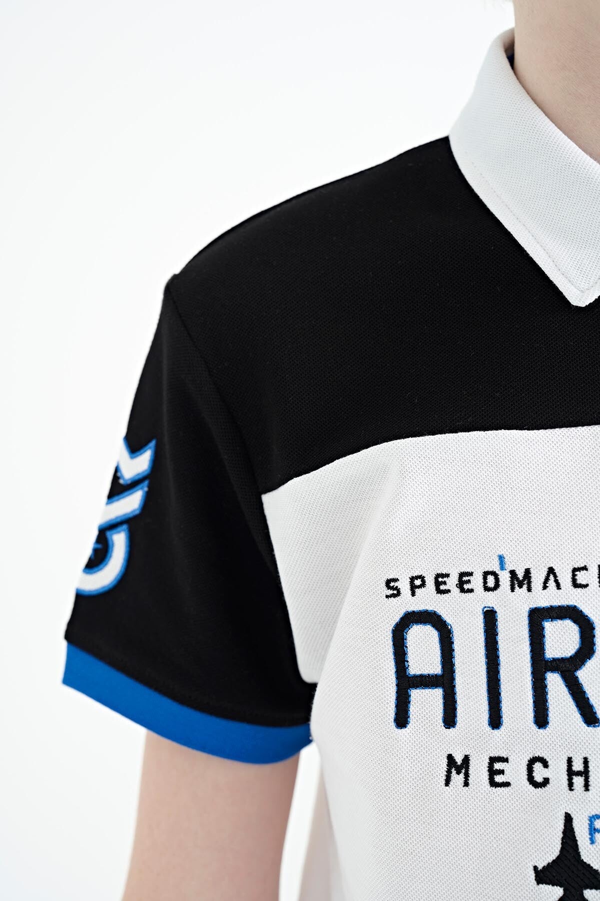 White Color Block Letter Embroidered Standard Fit Polo Collar Boys T-Shirt - 11087