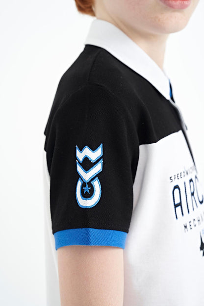 White Color Block Letter Embroidered Standard Fit Polo Collar Boys T-Shirt - 11087