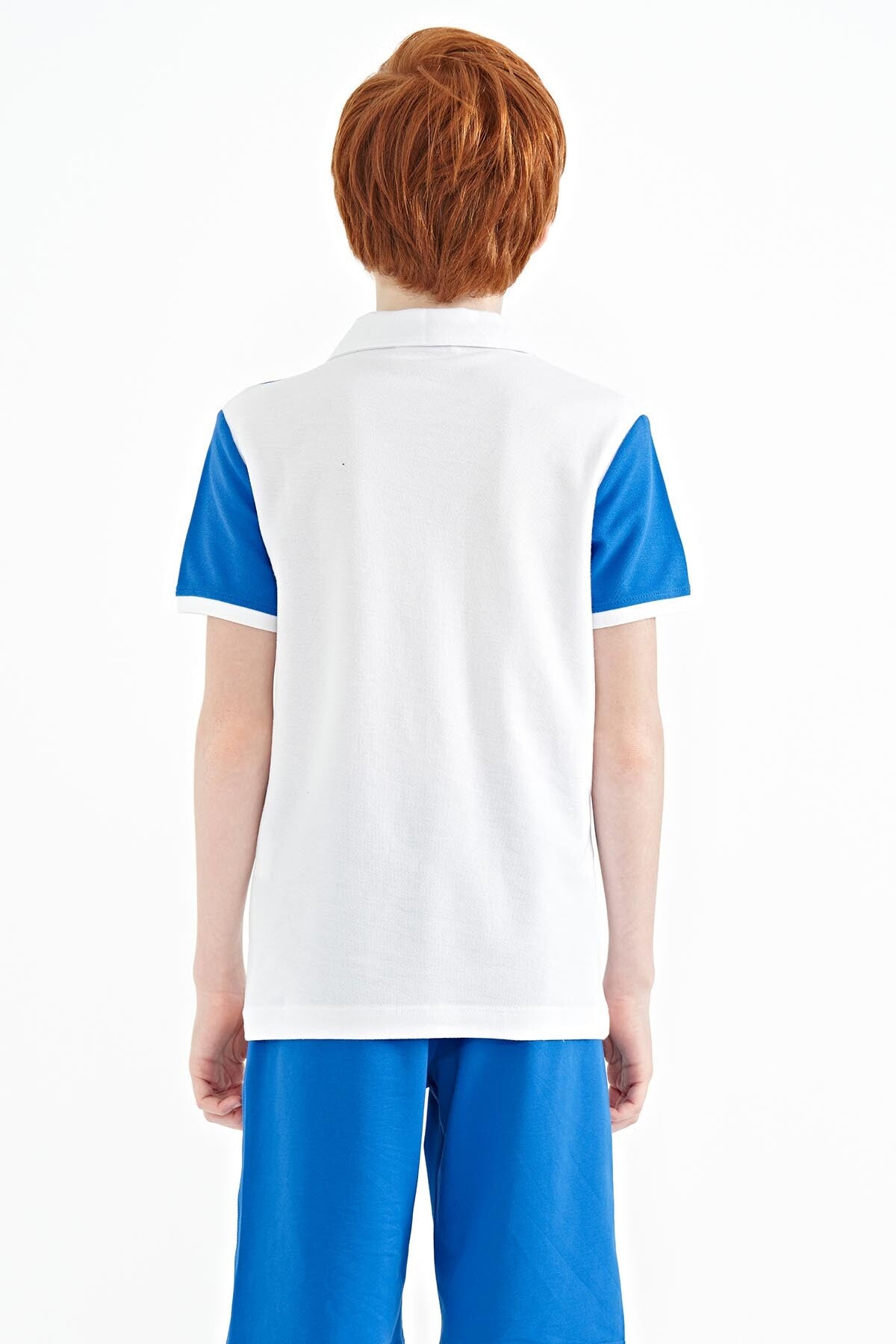 White Color Block Letter Embroidered Standard Fit Polo Collar Boys T-Shirt - 11095