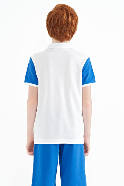 White Color Block Letter Embroidered Standard Fit Polo Collar Boys T-Shirt - 11095