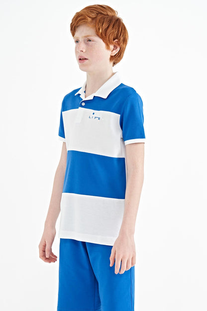 White Color Block Letter Embroidered Standard Fit Polo Collar Boys T-Shirt - 11095