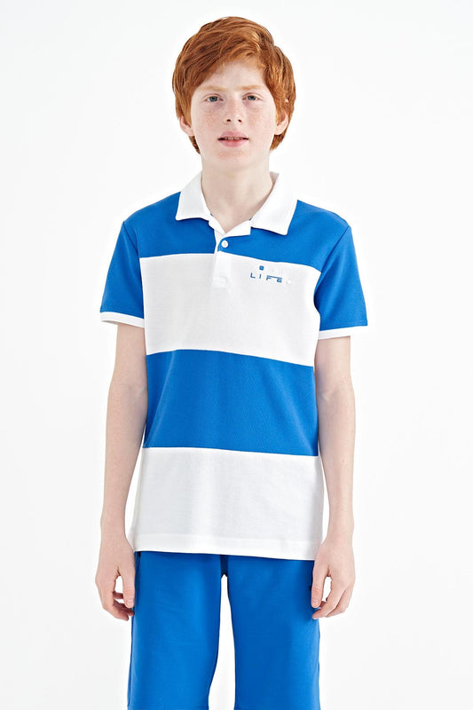 White Color Block Letter Embroidered Standard Fit Polo Collar Boys T-Shirt - 11095
