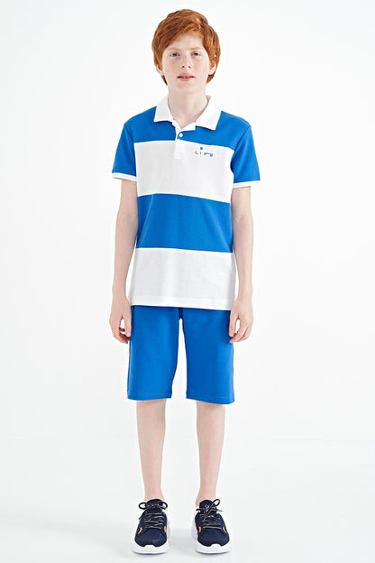 White Color Block Letter Embroidered Standard Fit Polo Collar Boys T-Shirt - 11095