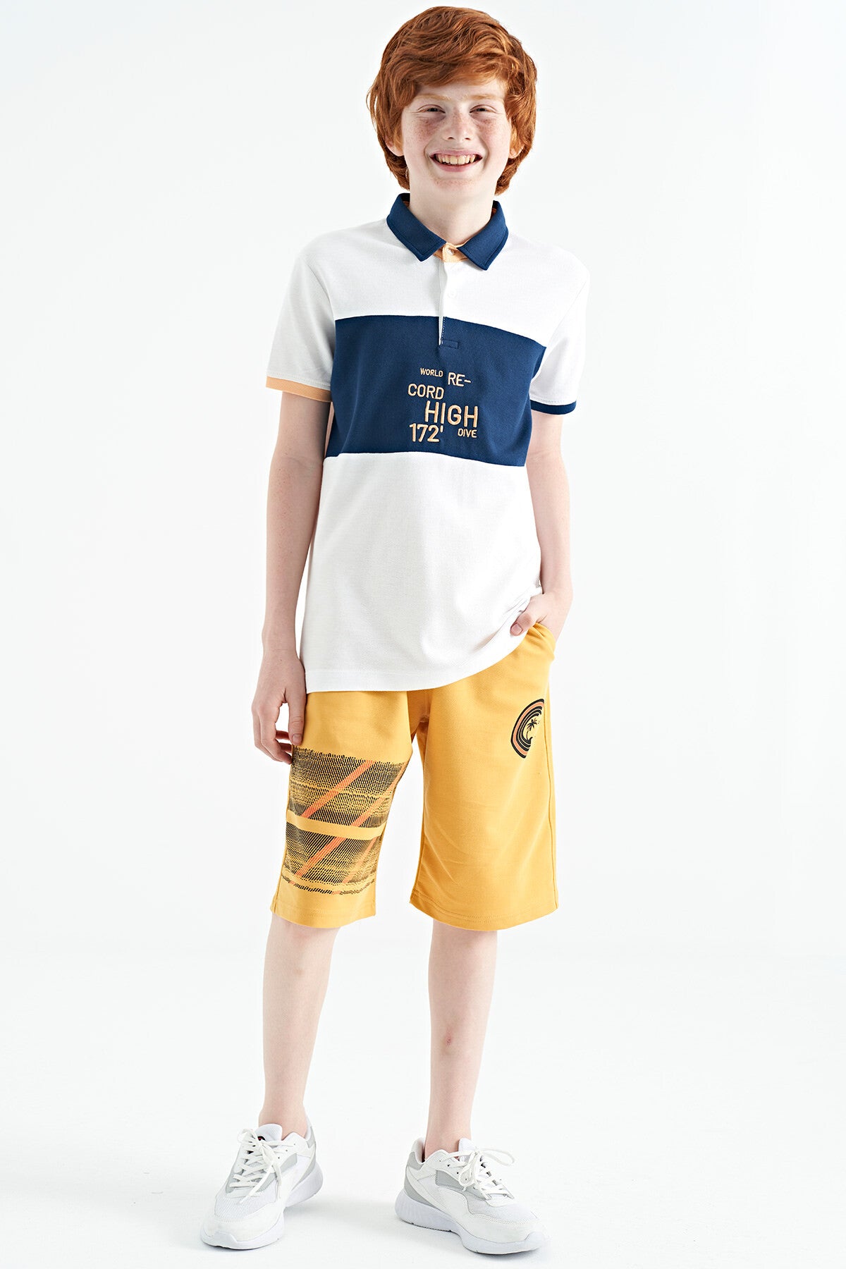White Color Transitional Embroidered Detailed Standard Cut Polo Collar Boys T-Shirt - 11110