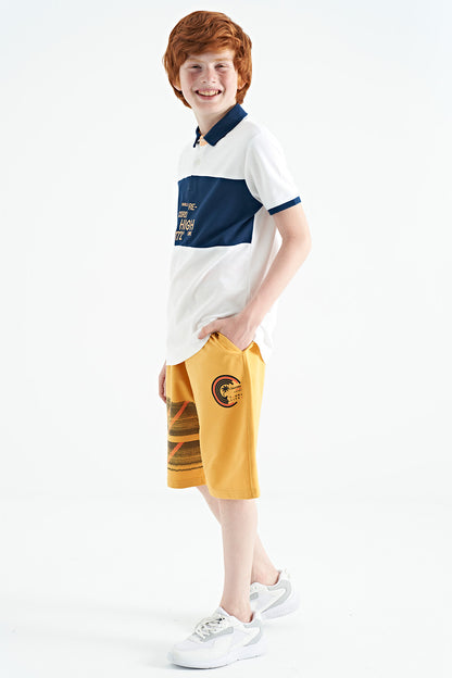 White Color Transitional Embroidered Detailed Standard Cut Polo Collar Boys T-Shirt - 11110