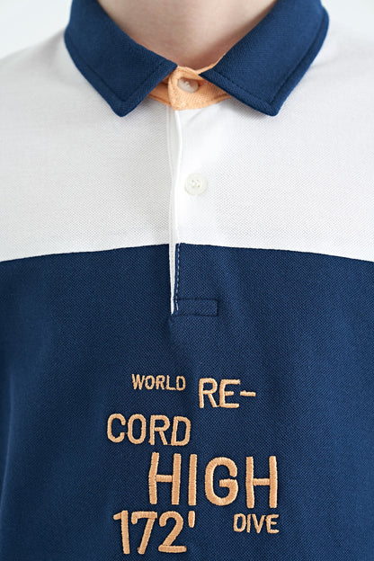 White Color Transitional Embroidered Detailed Standard Cut Polo Collar Boys T-Shirt - 11110