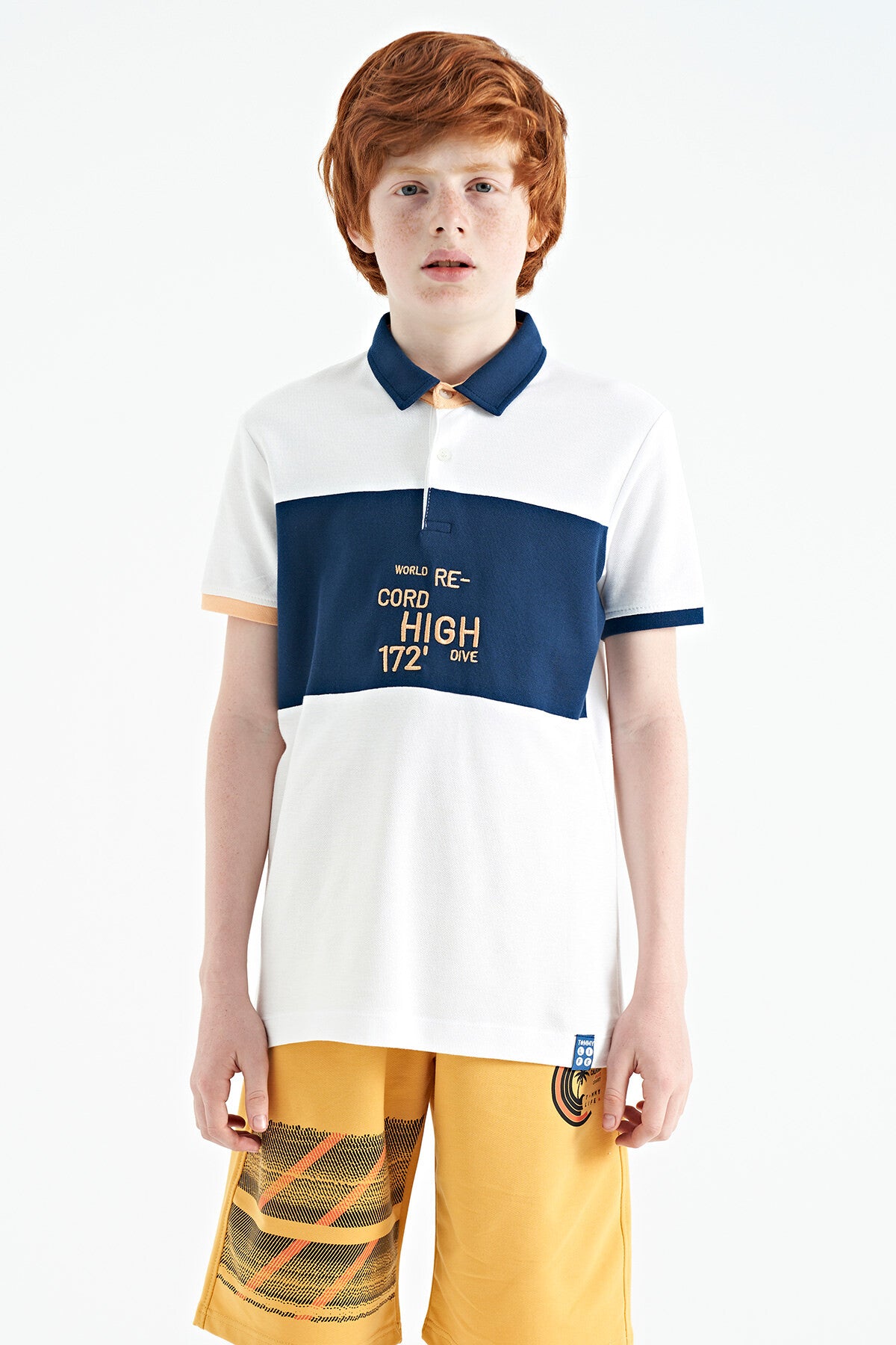 White Color Transitional Embroidered Detailed Standard Cut Polo Collar Boys T-Shirt - 11110
