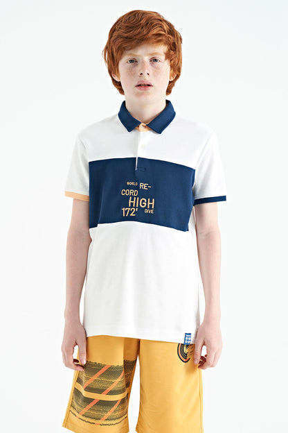 White Color Transitional Embroidered Detailed Standard Cut Polo Collar Boys T-Shirt - 11110