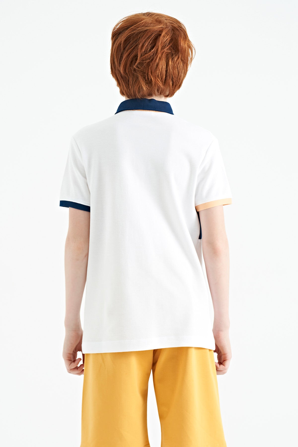 White Color Transitional Embroidered Detailed Standard Cut Polo Collar Boys T-Shirt - 11110