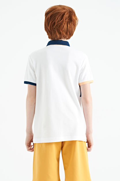 White Color Transitional Embroidered Detailed Standard Cut Polo Collar Boys T-Shirt - 11110